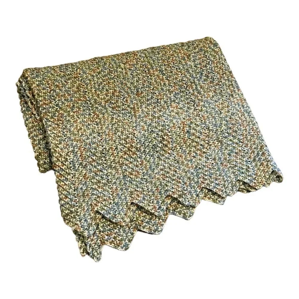 Afghan handmade Throw Blanket earth colors green tan cream  41 x 57 grannycore